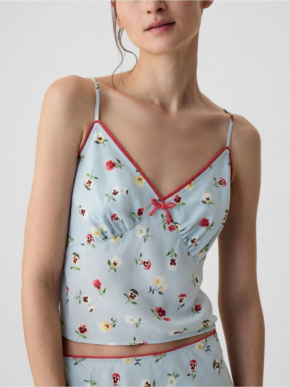 Light Blue Floral V-Neck Camisole with Red Trim